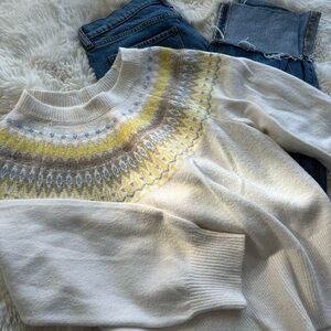 LOFT Cream Fair Isle Sweater with Yellow and Blue Accents